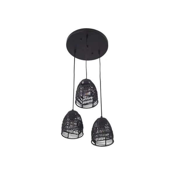Suspension 3 x E14 Noir avec Abat-Jours Rotin Luminaire Intérieur Moderne