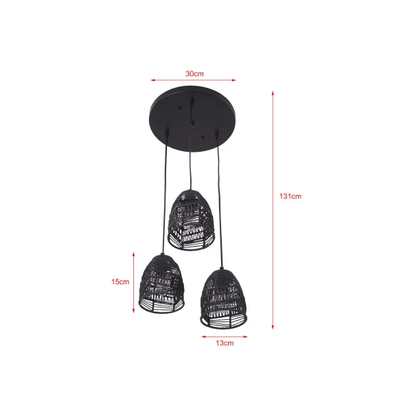 Suspension 3 x E14 Noir avec Abat-Jours Rotin Luminaire Intérieur Moderne
