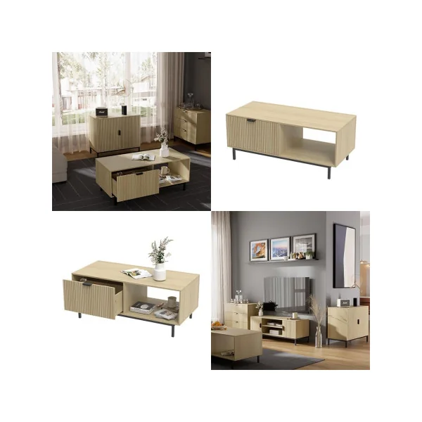 Table Basse 110x45 cm Chêne Graphique Pied Métal Noir Table de Salon 1 Tiroir Moderne