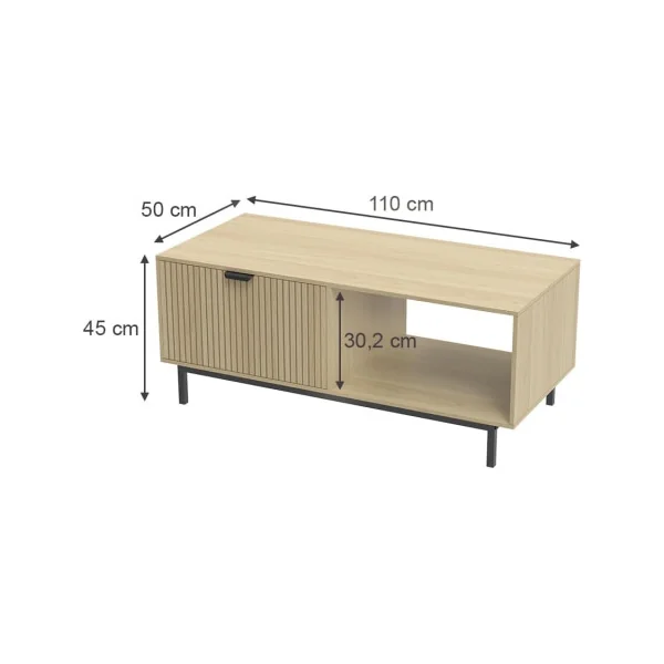 Table Basse 110x45 cm Chêne Graphique Pied Métal Noir Table de Salon 1 Tiroir Moderne