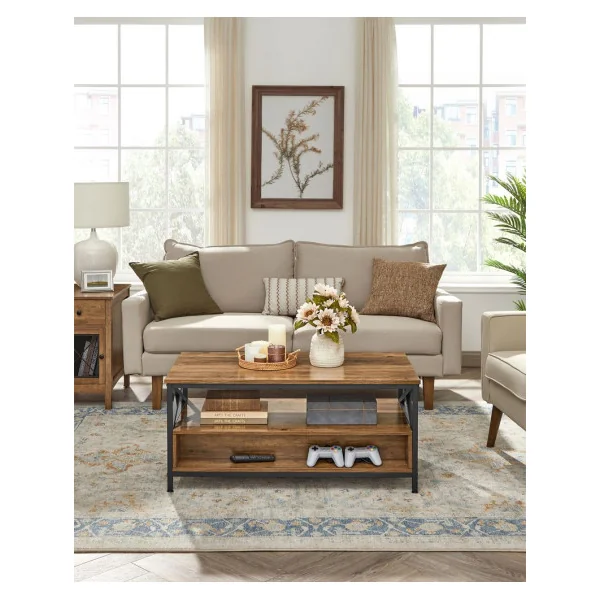Table Basse 2 tiroirs 100x55x45 cm Noyer Rustique et Noir Table Salon avec Compartiment Ouvert