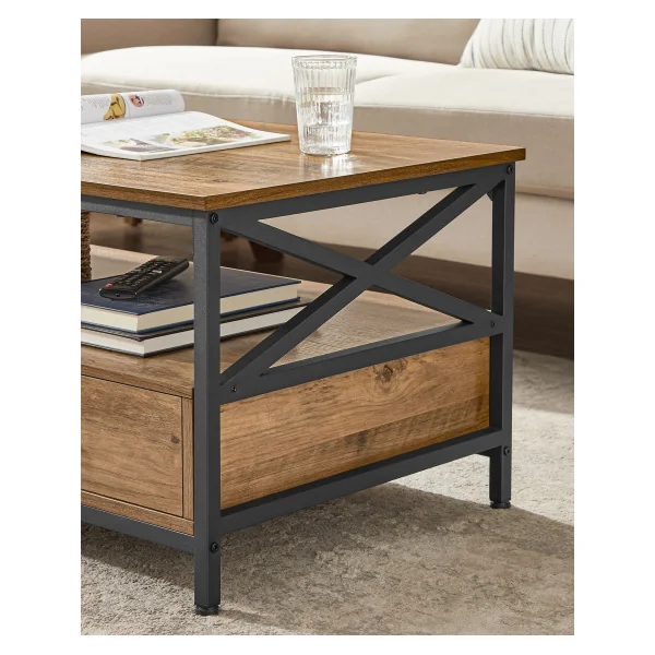 Table Basse 2 tiroirs 100x55x45 cm Noyer Rustique et Noir Table Salon avec Compartiment Ouvert