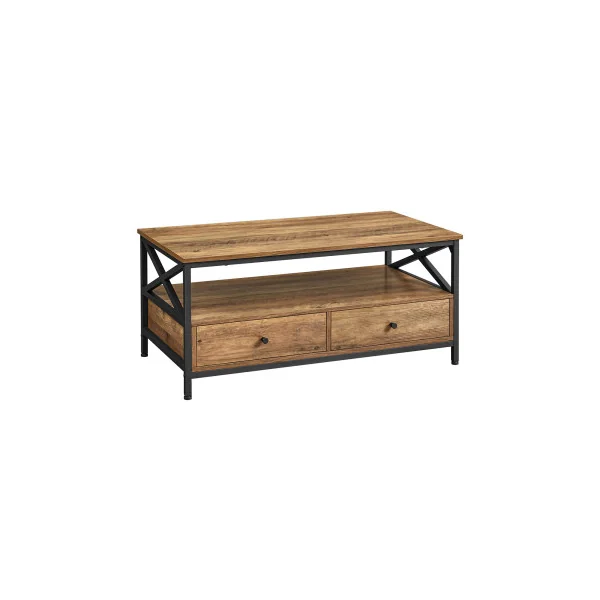 Table Basse 2 tiroirs 100x55x45 cm Noyer Rustique et Noir Table Salon avec Compartiment Ouvert