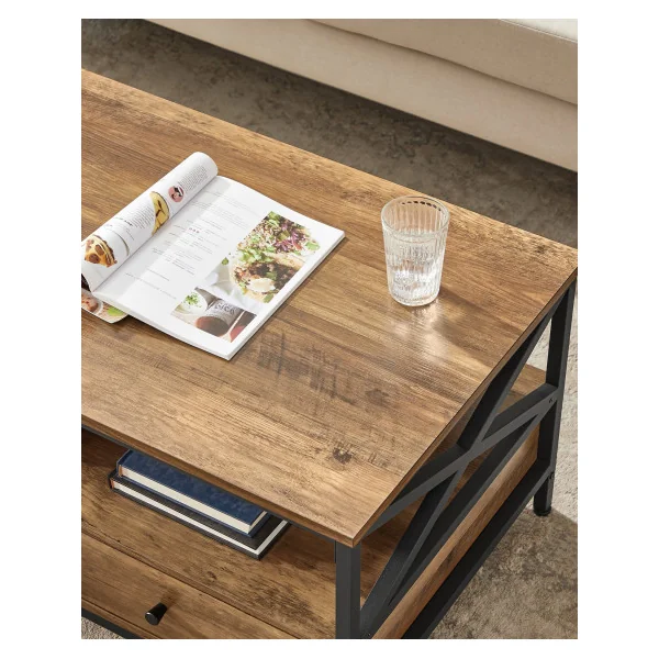 Table Basse 2 tiroirs 100x55x45 cm Noyer Rustique et Noir Table Salon avec Compartiment Ouvert