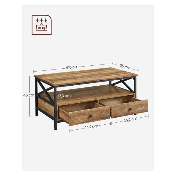 Table Basse 2 tiroirs 100x55x45 cm Noyer Rustique et Noir Table Salon avec Compartiment Ouvert