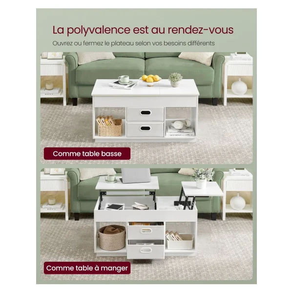 Table Basse Blanche 2 Tiroirs et Compartiments Cachés Table Salon avec Plateaux Relevables