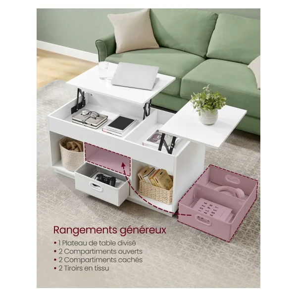 Table Basse Blanche 2 Tiroirs et Compartiments Cachés Table Salon avec Plateaux Relevables