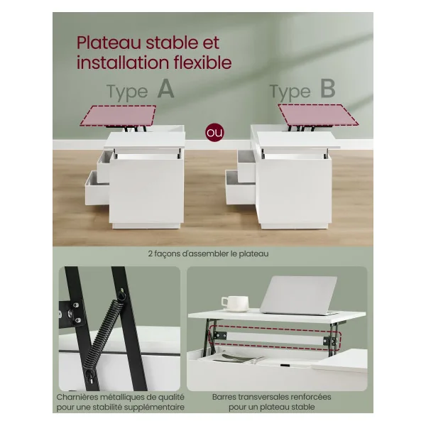 Table Basse Blanche 2 Tiroirs et Compartiments Cachés Table Salon avec Plateaux Relevables