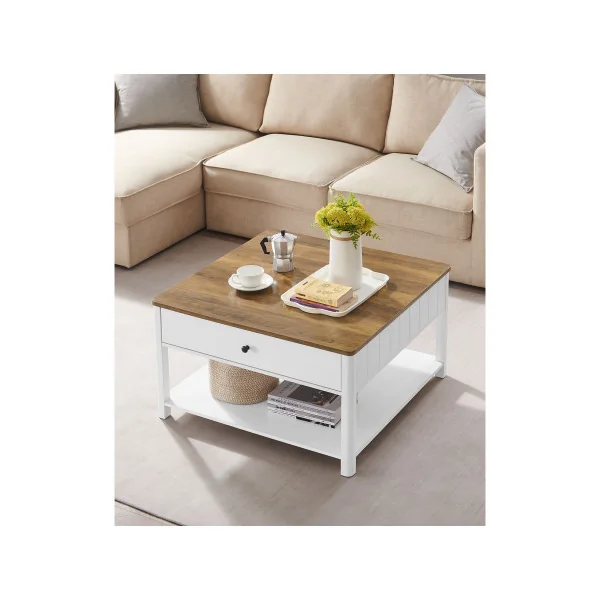 Table Basse Blanche 2 tiroirs Plateau Boisé Table de Salon Table d’Appoint 80x80x45 cm