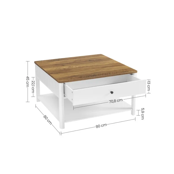 Table Basse Blanche 2 tiroirs Plateau Boisé Table de Salon Table d’Appoint 80x80x45 cm