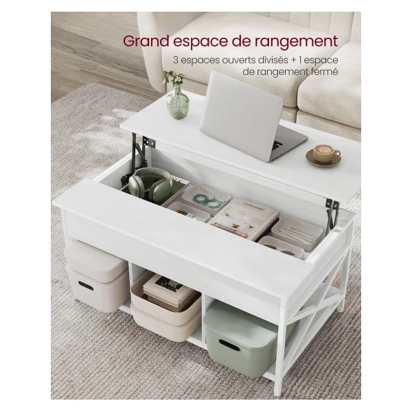 Table Basse Blanche avec Plateau Relevable Table Salon avec Rangement Caché et Compartiments Ouverts