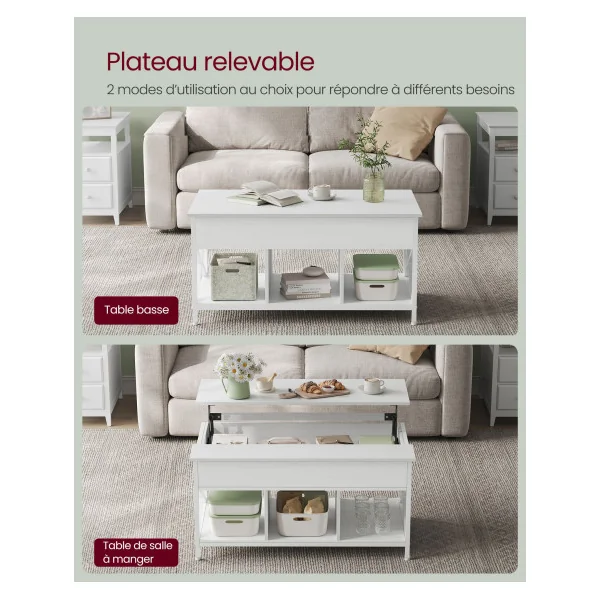Table Basse Blanche avec Plateau Relevable Table Salon avec Rangement Caché et Compartiments Ouverts