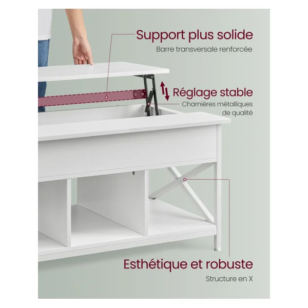 Table Basse Blanche avec Plateau Relevable Table Salon avec Rangement Caché et Compartiments Ouverts