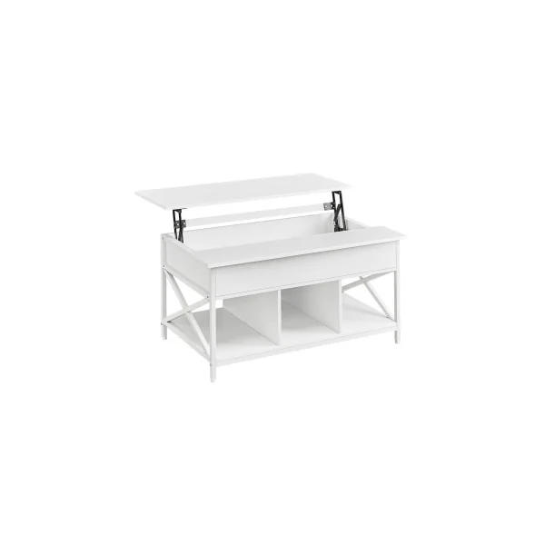 Table Basse Blanche avec Plateau Relevable Table Salon avec Rangement Caché et Compartiments Ouverts