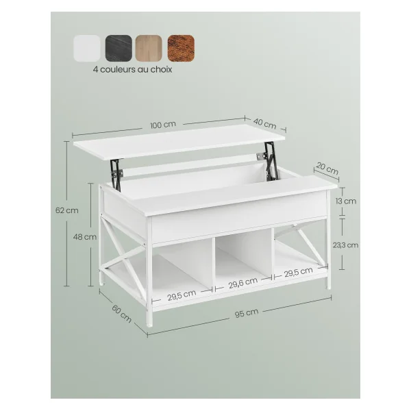 Table Basse Blanche avec Plateau Relevable Table Salon avec Rangement Caché et Compartiments Ouverts