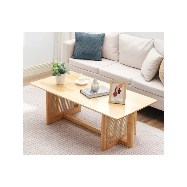 Table Basse Bois d'Hévéa et Rotin Table de Salon Rectangulaire Arrondi