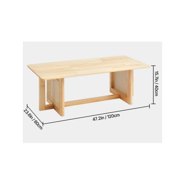 Table Basse Bois d'Hévéa et Rotin Table de Salon Rectangulaire Arrondi