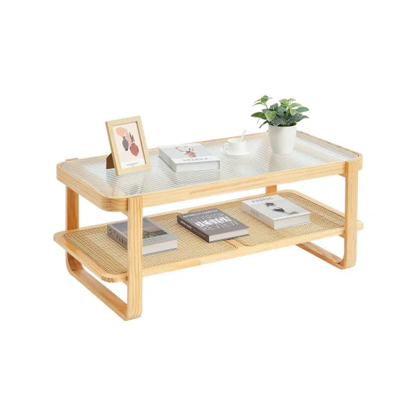 Table Basse Bois Pin Massif et Rotin Plateau en Verre Table de Salon Rectangulaire Arrondi
