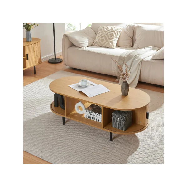 Table Basse Effet Bambou 120 x 55 x 40 cm Naturel Noir Table Salon Moderne
