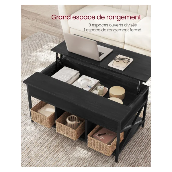 Table Basse Gris Anthracite et Noir avec Plateau Relevable Table de Salon et Compartiment Caché