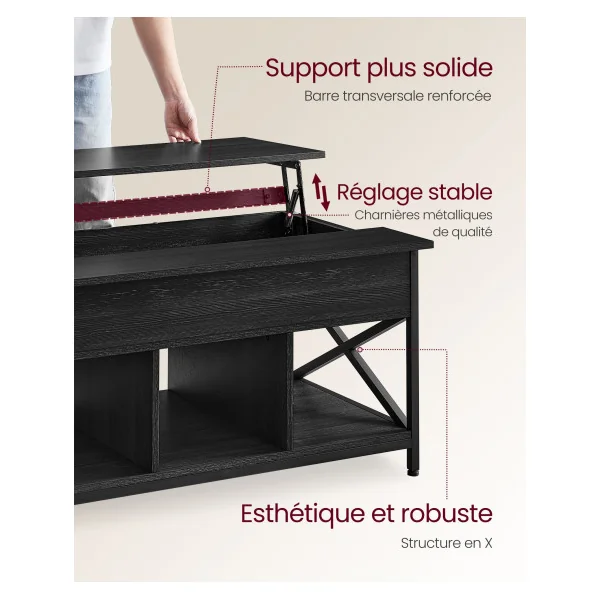 Table Basse Gris Anthracite et Noir avec Plateau Relevable Table de Salon et Compartiment Caché