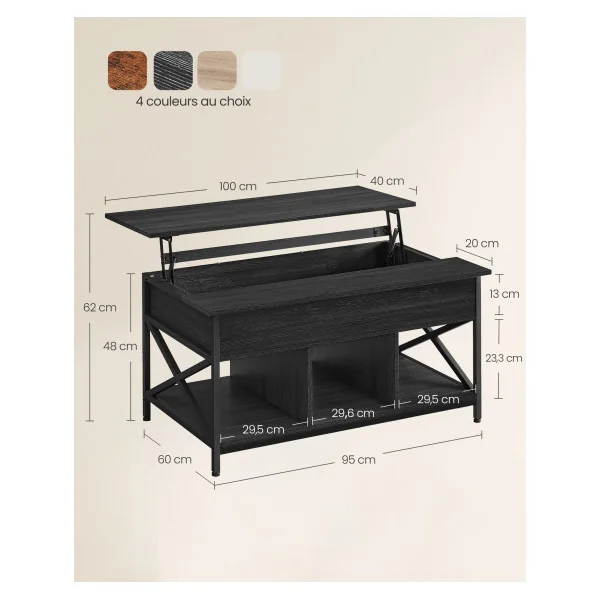 Table Basse Gris Anthracite et Noir avec Plateau Relevable Table de Salon et Compartiment Caché