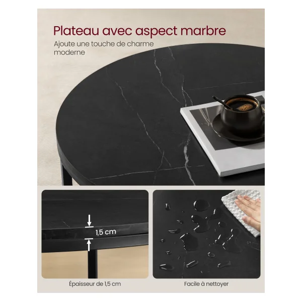 Table Basse Industrielle Ronde Plateau Noir Marbré Table de Salon Moderne