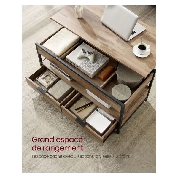 Table Basse Marron Camel Noir avec Plateau Relevable 2 Tiroirs Table Salon avec Rangement Caché et Compartiments Ouverts