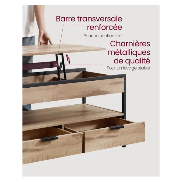 Table Basse Marron Camel Noir avec Plateau Relevable 2 Tiroirs Table Salon avec Rangement Caché et Compartiments Ouverts