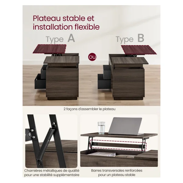 Table Basse Marron Cendré 2 Tiroirs et Compartiments Cachés Table Salon avec Plateaux Relevables