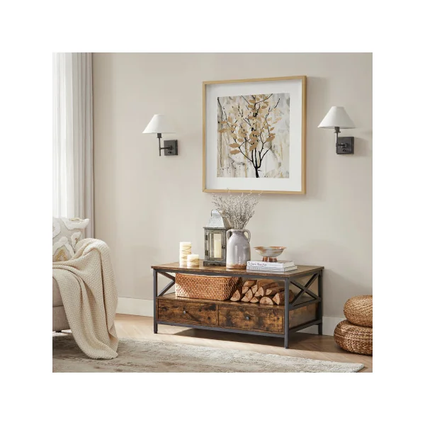 Table Basse Marron Rustique Cadre Acier Noir 2 Tiroirs Table de Salon Compartiment Ouvert