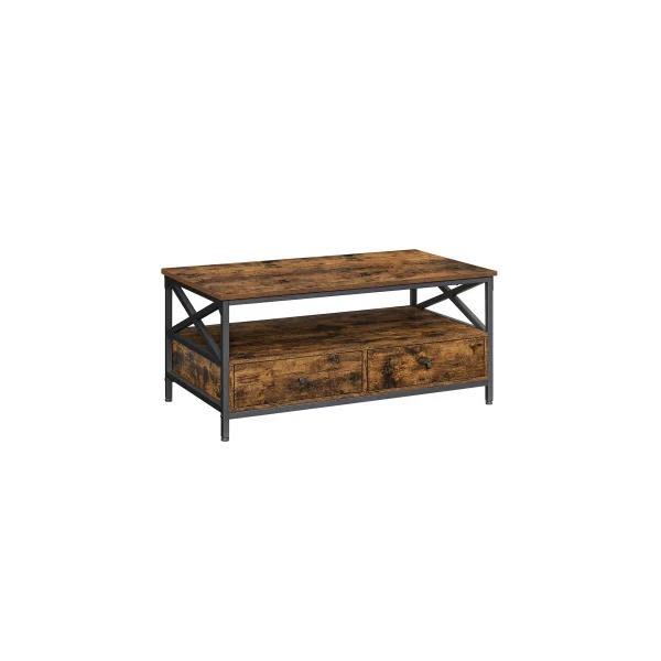 Table Basse Marron Rustique Cadre Acier Noir 2 Tiroirs Table de Salon Compartiment Ouvert