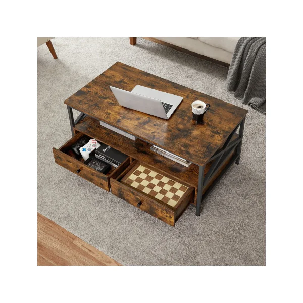 Table Basse Marron Rustique Cadre Acier Noir 2 Tiroirs Table de Salon Compartiment Ouvert