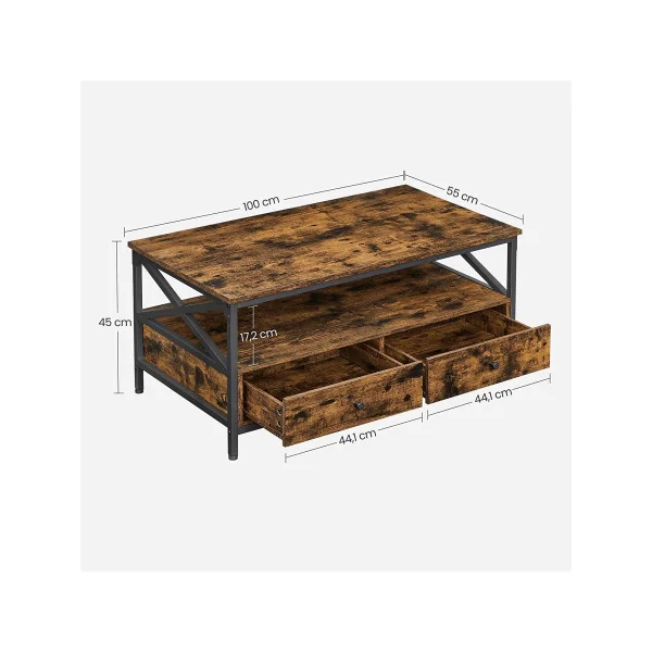 Table Basse Marron Rustique Cadre Acier Noir 2 Tiroirs Table de Salon Compartiment Ouvert