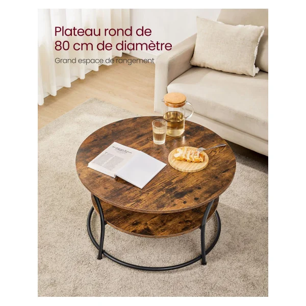 Table Basse Marron Rustique et Acier Noir 2 Niveaux Style Industriel