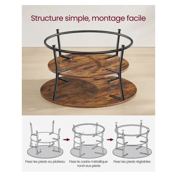 Table Basse Marron Rustique et Acier Noir 2 Niveaux Style Industriel