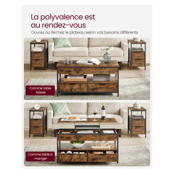 Table Basse Marron Rustique Noir avec Plateau Relevable 2 Tiroirs Table Salon avec Rangement Caché et Compartiments Ouverts