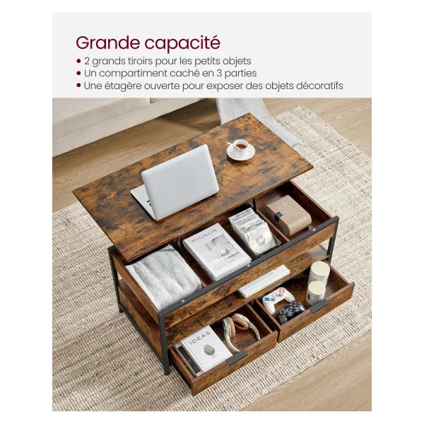 Table Basse Marron Rustique Noir avec Plateau Relevable 2 Tiroirs Table Salon avec Rangement Caché et Compartiments Ouverts