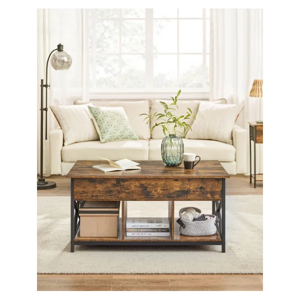 Table Basse Marron Rustique Noir avec Plateau Relevable Table Salon avec Rangement Caché et Compartiments Ouverts