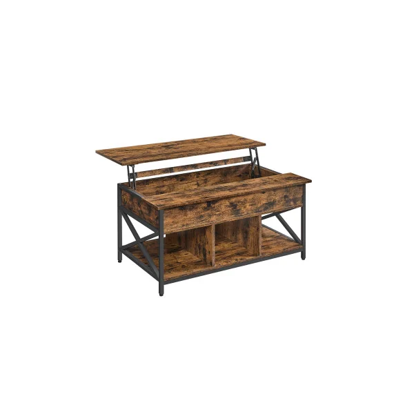 Table Basse Marron Rustique Noir avec Plateau Relevable Table Salon avec Rangement Caché et Compartiments Ouverts