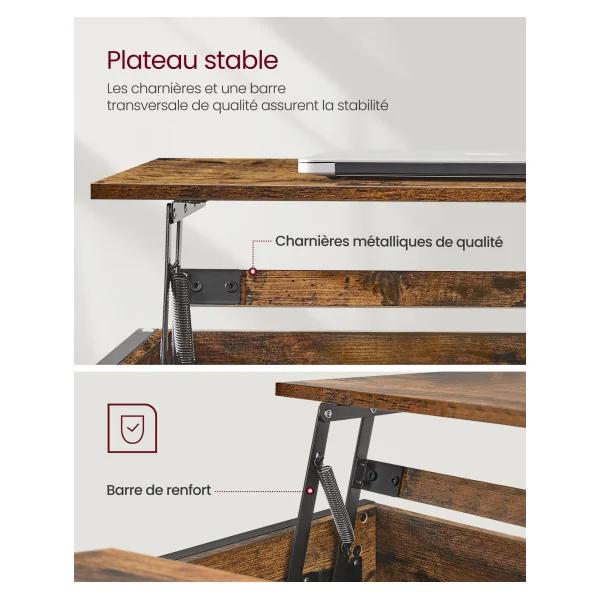 Table Basse Marron Rustique Noir avec Plateau Relevable Table Salon avec Rangement Caché et Compartiments Ouverts