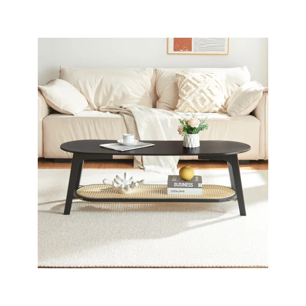 Table Basse Noire en Bambou 120 x 43 x 40 cm Etagère Aspect Rotin