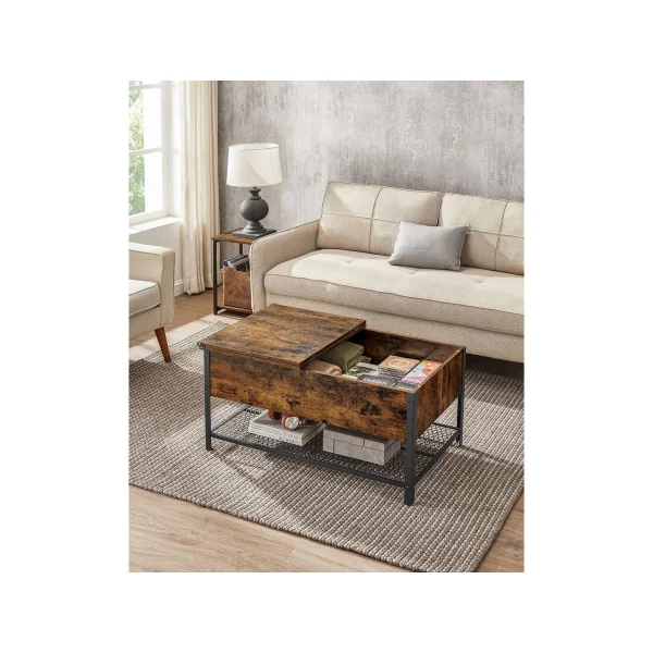 Table Basse Plateau Rabattable Marron Rustique Cadre Acier Noir Compartiment Fermé et Étagère Grillagée