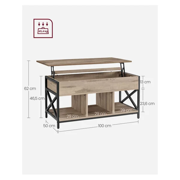 Table Basse Plateau Relevable 100x50x(46,5-62) cm Marron Camel et Noir Table Salon Rangement Caché