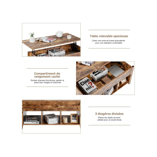 Table Basse Plateau Relevable 105 cm Marron Rustique Table Basse Rectangulaire avec Rangement Caché