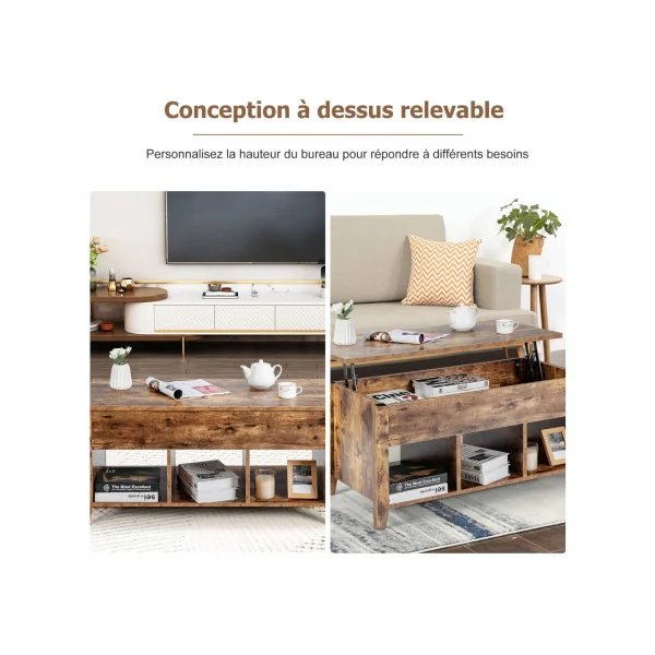 Table Basse Plateau Relevable 105 cm Marron Rustique Table Basse Rectangulaire avec Rangement Caché