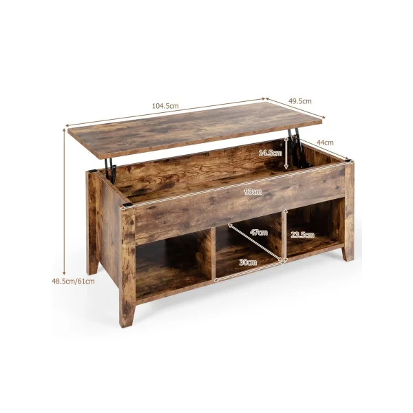 Table Basse Plateau Relevable 105 cm Marron Rustique Table Basse Rectangulaire avec Rangement Caché