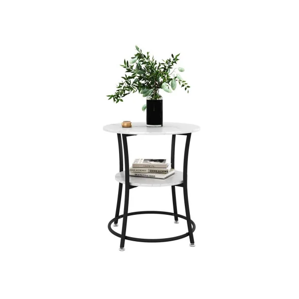 Table Basse Ronde 50 cm Blanc Marbré et Noir Métal Table de Salon Moderne
