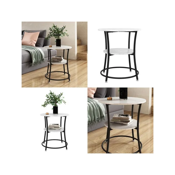 Table Basse Ronde 50 cm Blanc Marbré et Noir Métal Table de Salon Moderne