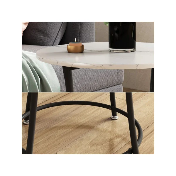 Table Basse Ronde 50 cm Blanc Marbré et Noir Métal Table de Salon Moderne